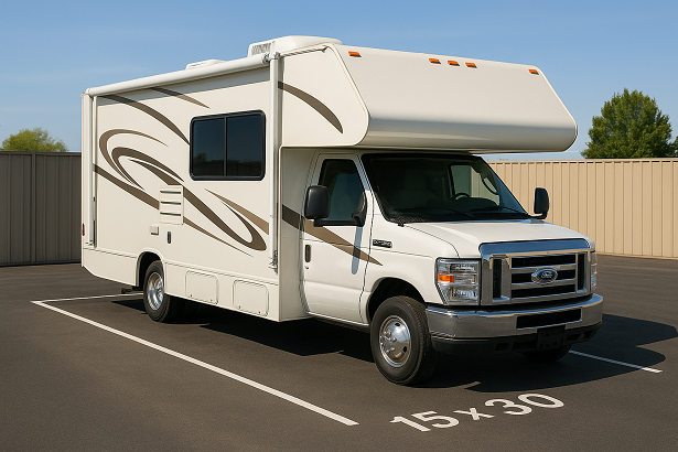 Motorhome parked in a 15 by 30 foot outdoor storage space at Arbor RV Storage near Menifee California