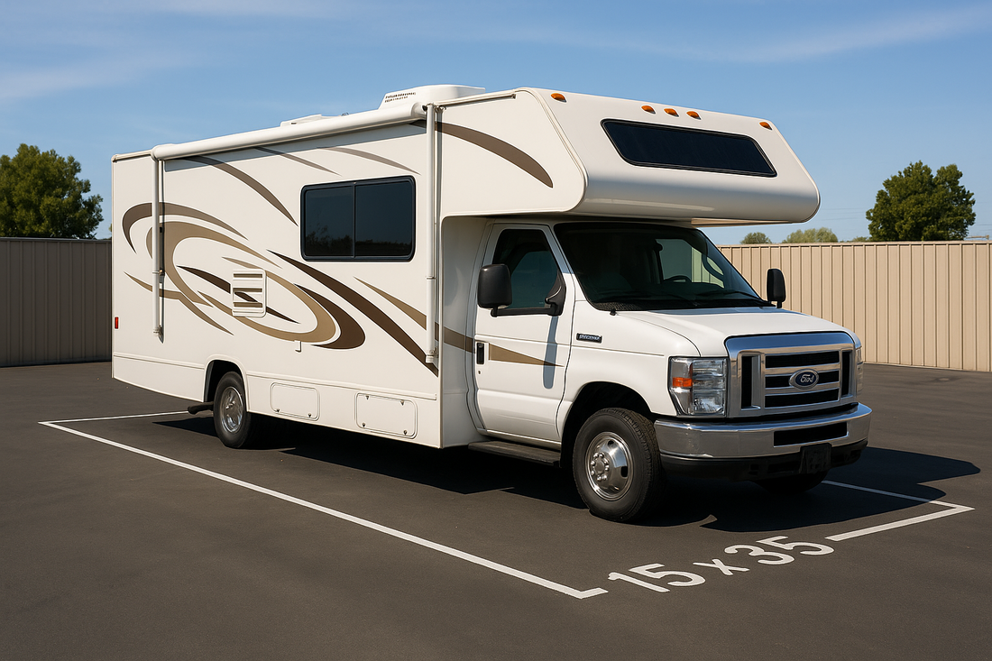 Motorhome parked in a 15 by 35 foot outdoor storage space at Arbor RV Storage near Menifee California
