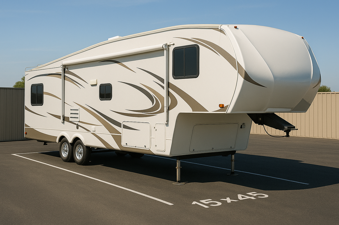 Fifth-wheel trailer parked in a 15 by 45 foot outdoor storage space at Arbor RV Storage near Menifee California